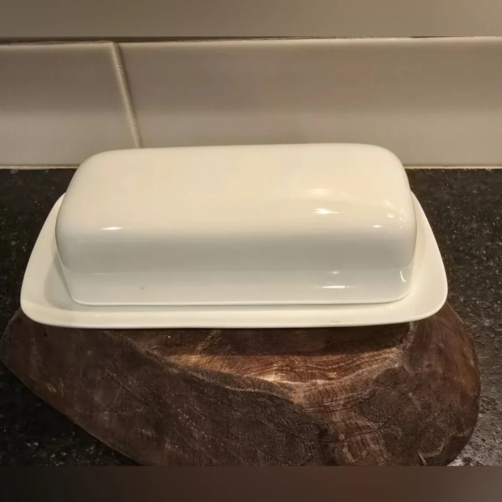 Crate & Barrel white covered butter dish
